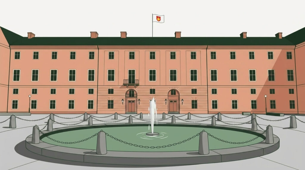 Illustration av Uppsala slott med fontänen på borggården – här ligger mottagningen Intyg Uppsala